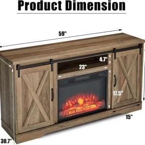 AMERLIFE Fireplace TV Stand with Sliding Barn Door for TVs up to 73", Farmhouse 63" Fireplace Entertainment Center with Storage Cabinets/Adjustable Shelves