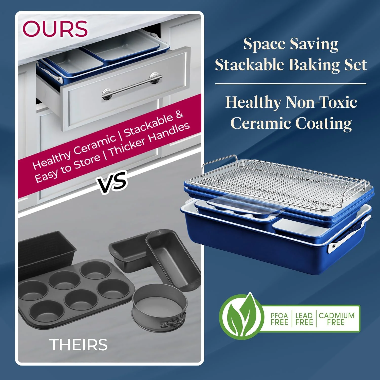 8-Piece Stackable Bakeware Set - Aluminized Steel with Ceramic Non-Stick Coating, Healthy Baking, Ergonomic Handles, Cooling Rack, Non-Toxic, Oven-Safe, Durable Quality