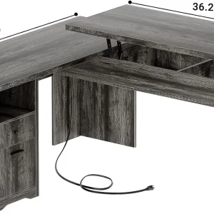 Homieasy L Shaped Desk with Power Outlets and USB Charging Ports, Lift Top Corner Computer Desk with Drawer, Large Office Desk with Storage Shelves, L Shaped Standing Desk for Home Office, Black Oak