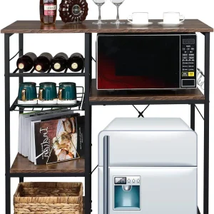 Microwave Stand 4-Tiers Kitchen Storage Fit Mini Fridge Baker¡¯s Rack Shelving Utility Coffee Bar with Big Drawer Wine Rack Metal Frame Industrial Workstation Organizer Kitchen Decor