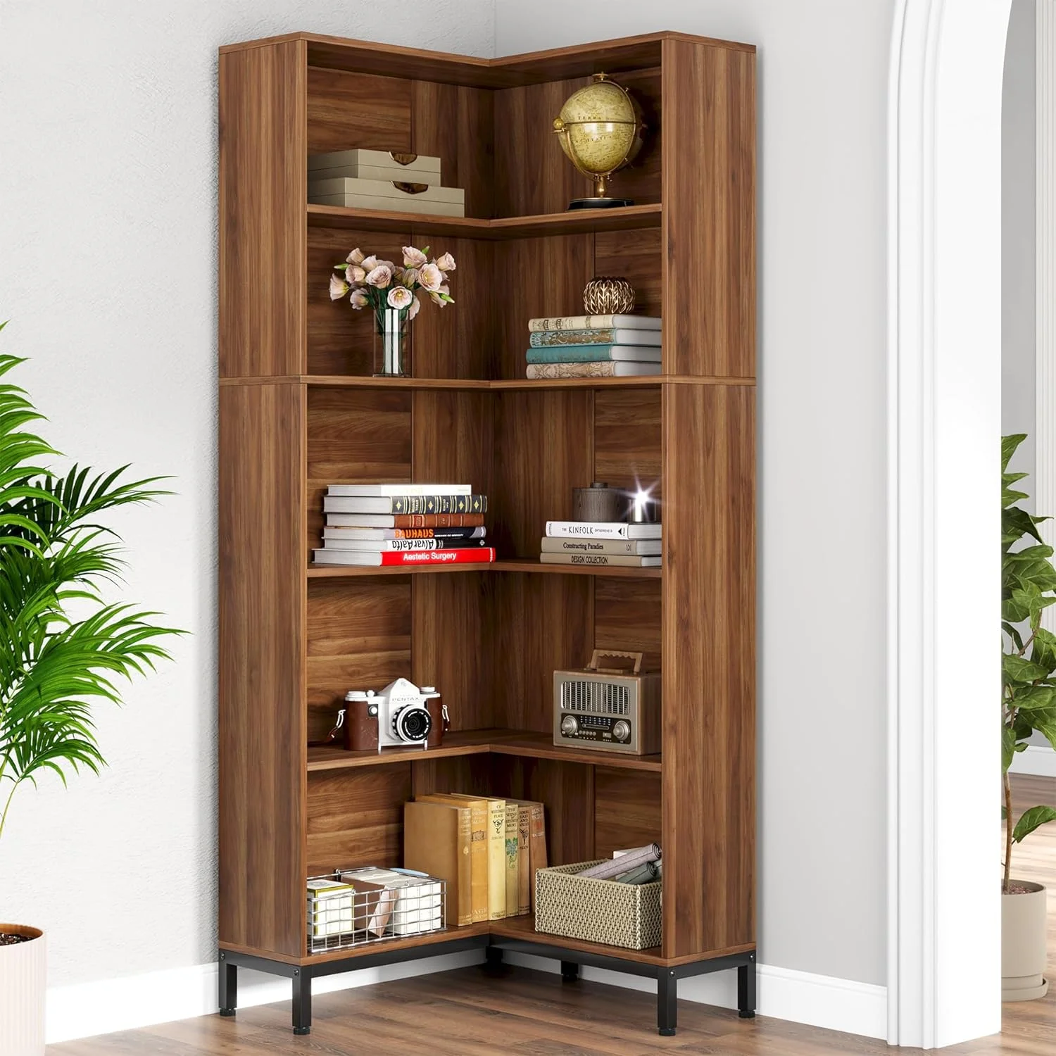 Tribesigns 71" L-Shaped Bookcase, 6-Tier Corner Bookshelf, Industrial Storage Display Rack, Grey