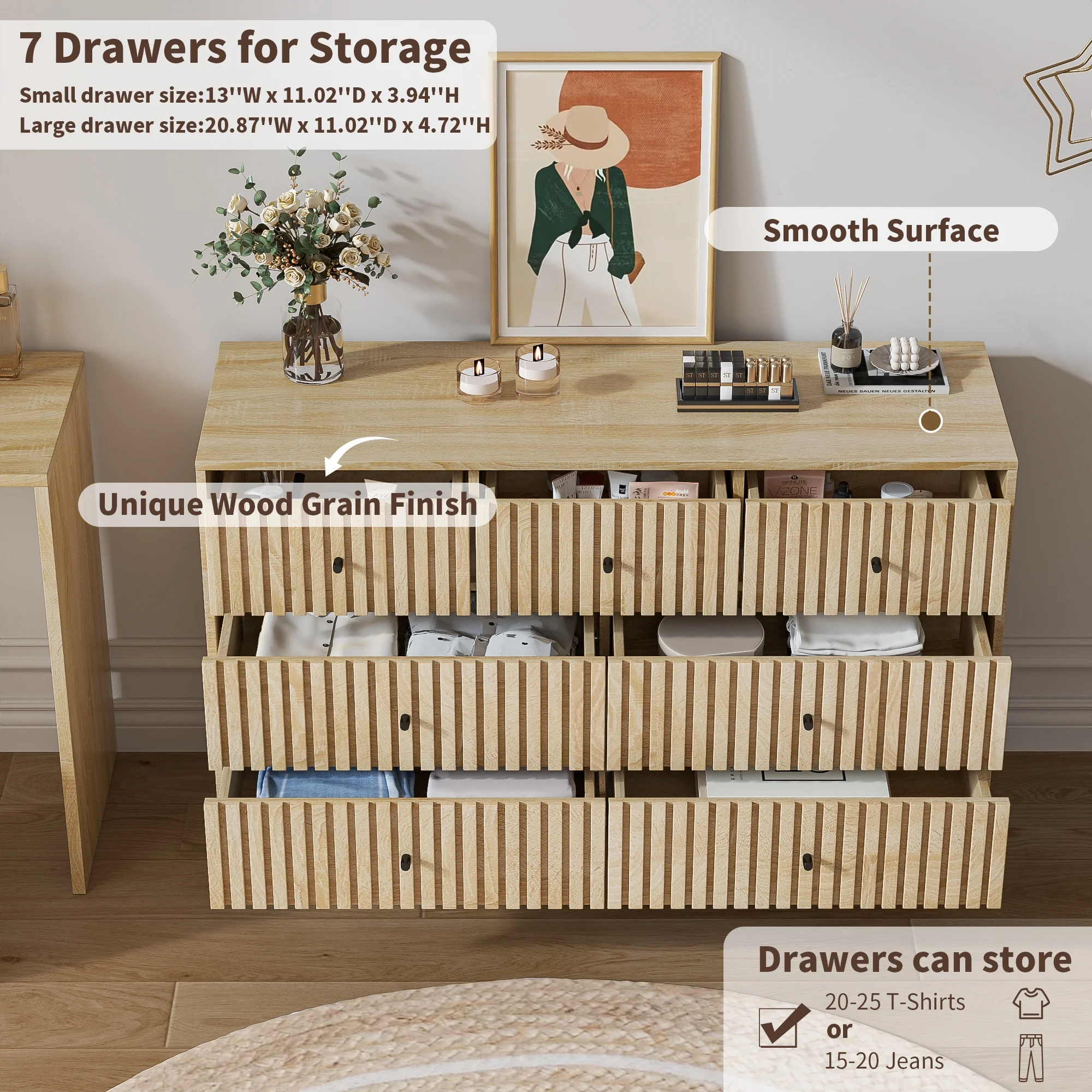 Oubayajia 7 Drawer Double Dresser, Fluted Chest of Drawers, Wood Storage Cabinet for Bedroom, Living Room, Hallway, Walnut