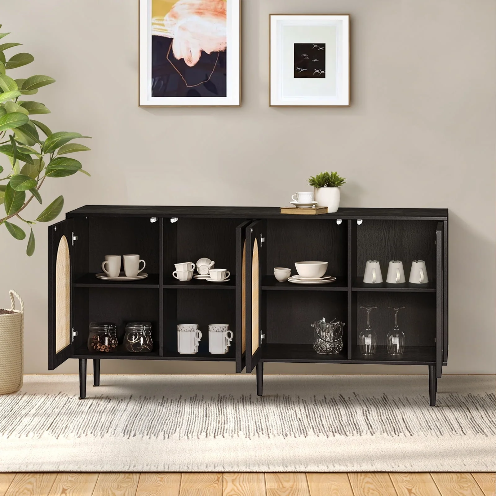 14 Karat Home 63" Wooden Sideboard 4 Doors Kitchen Storage Rattan Cabinet Living Room Adult Black