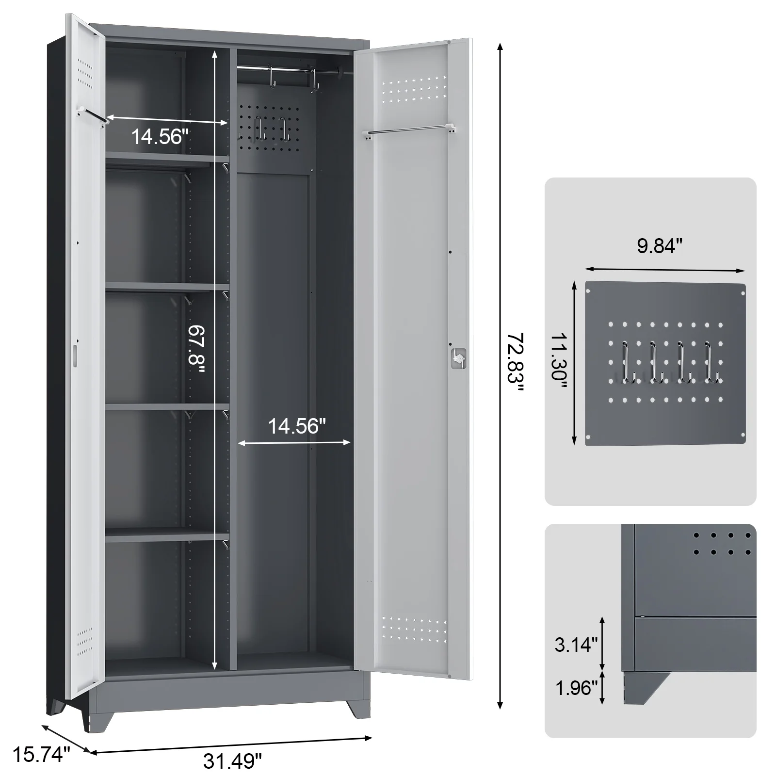 Marcree Broom Closet with Locking Doors,72.8-H Cleaning Tool Storage Cabinet with Hanging Rod & Hooks,Heavy-Duty Tool Garage Storage Cabinet for Utility Room,Grey