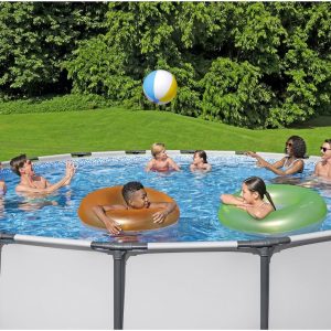 Steel Pro MAX 14 Foot x 48 Inch Round Metal Frame Above Ground Outdoor Swimming Pool Set with 1,000 Filter Pump, Ladder, and Cover, Gray