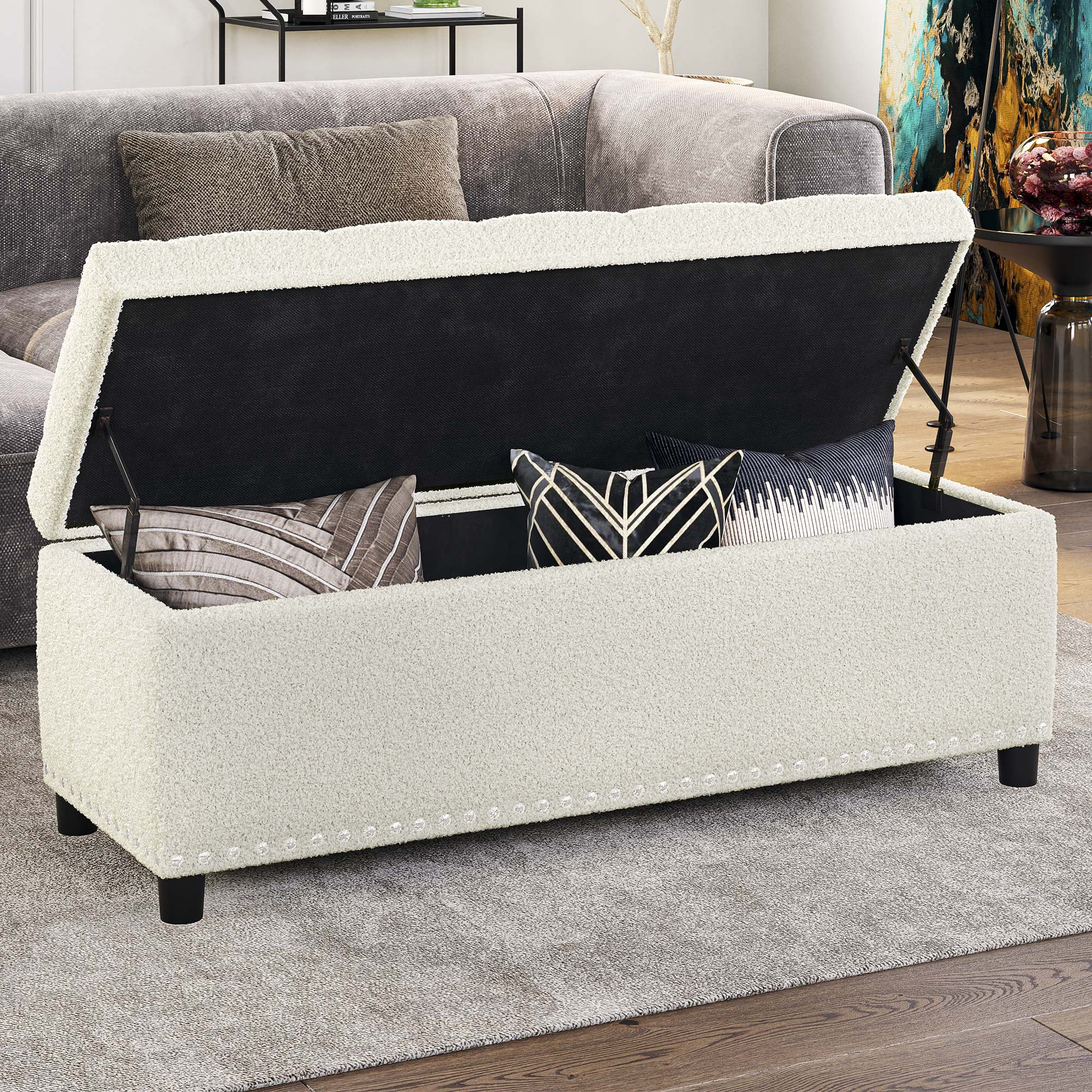 BELLEZE 35 Inch Storage Ottoman, Button-Tufted Ottoman Linen Storage Bench with Safety Close Hinge, Ottoman with Storage for Living Room, Entryway, Hallway, Foot Rest, Support 300lbs - Dark Grey
