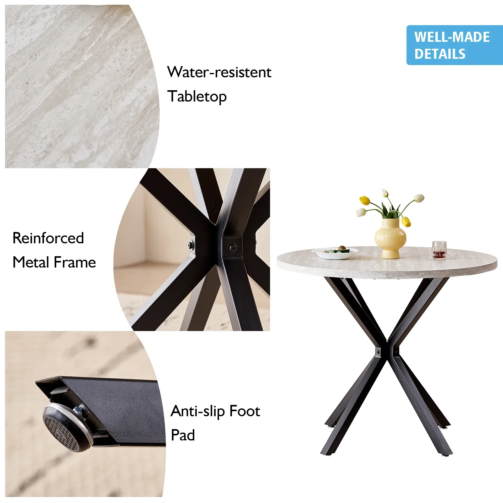 39- Round Dining Table, Modern Small Kitchen Table for 4 with X-Shaped Metal Legs and 1.2" Thickness Tabletop for Kitchen Dining Room, Coffee Table, Oak