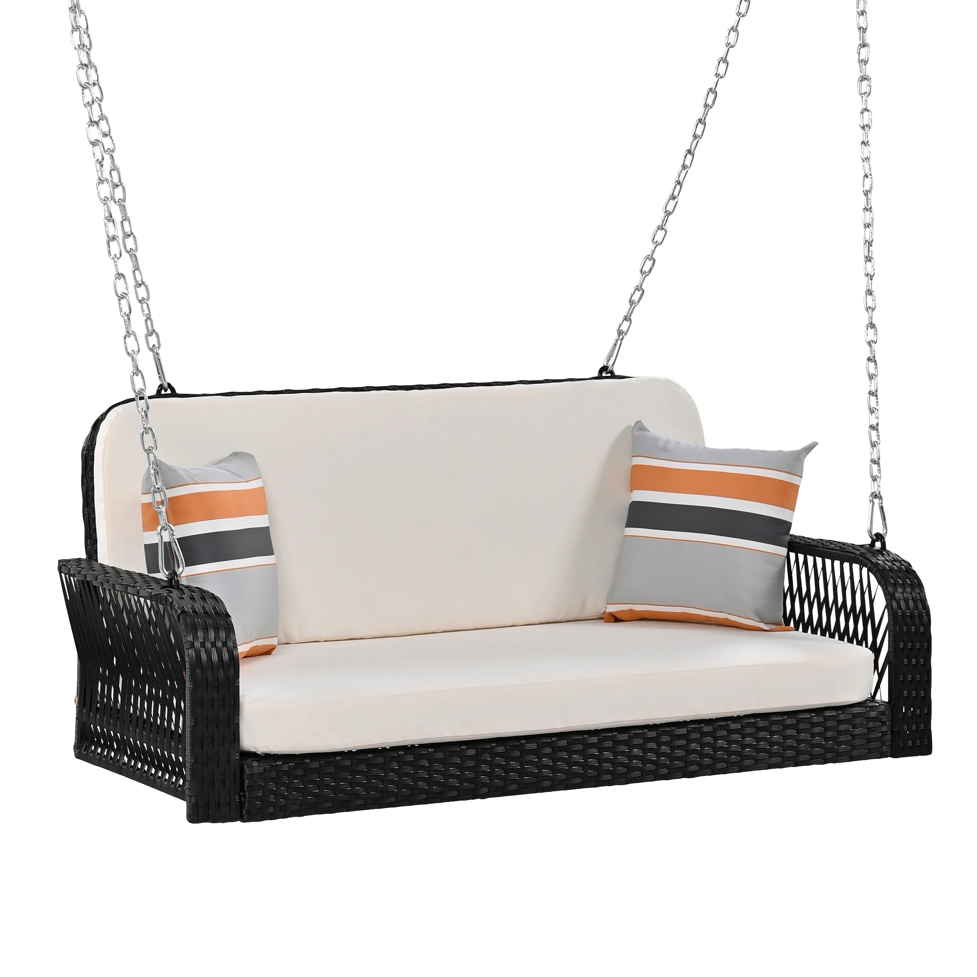 Harper & Bright Designs PE Ratten Porch Swing Chair, 2-Seater Hanging Swing Bench with Chains, All Weather Design Patio Furniture Swing for Backyard Garden Poolside, Grey and White