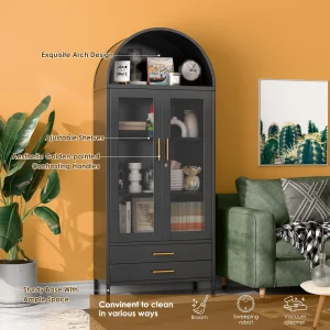 SUXXAN Metal Arched Storage Display Lockable Cabinets with Glass Doors and Adjustable Shelves, Assembly Required, Black