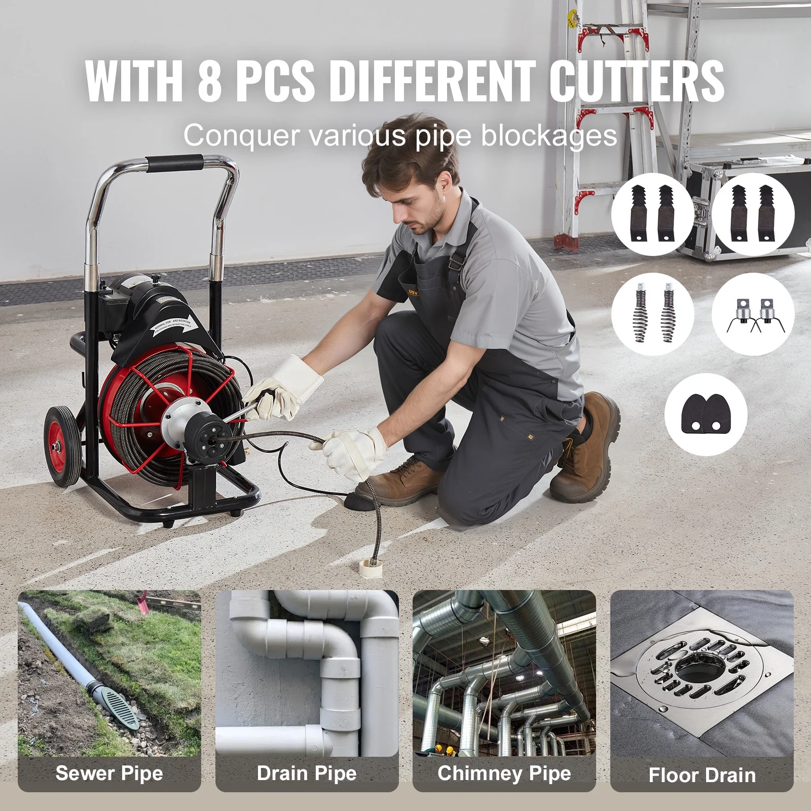 Drain Cleaner Machine Electric Drain Auger 100FT x 3/8 In Auto Feed