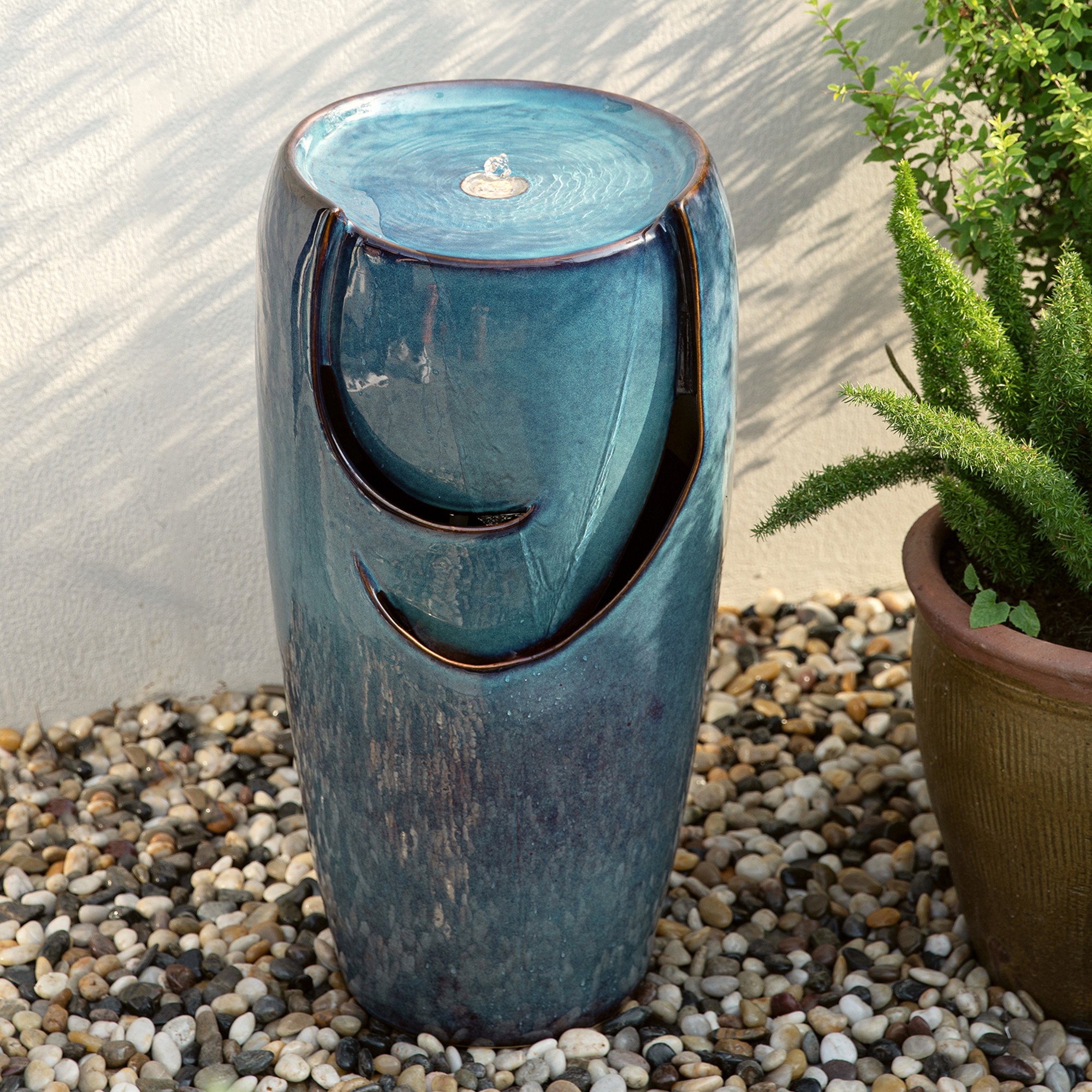 Glitzhome 29" Tall Ceramic Vase Water Fountain Red with Pump and LED Light for Yard Garden Patio