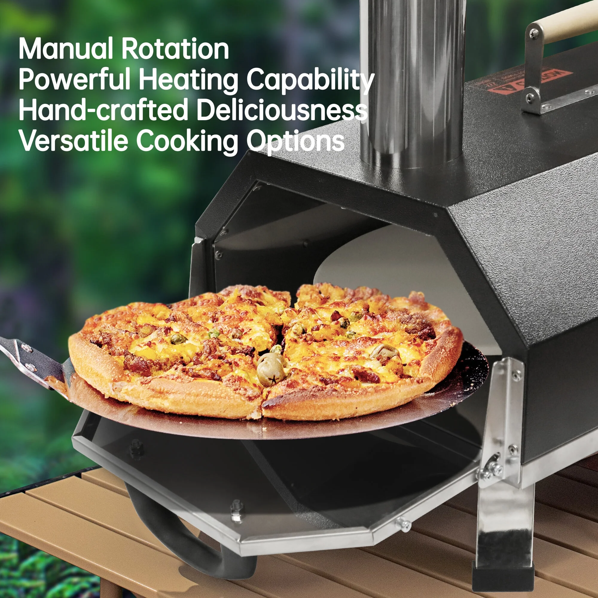 BBQ Utensils Silver Pizza Oven Outdoor 12" Semi-Automatic Rotatable Pizza Ovens Portable Stainless Steel Wood Fired Pizza Oven Pizza Maker with Built-in Thermometer Pizza Cutter Carry Bag,Outdoor Gri