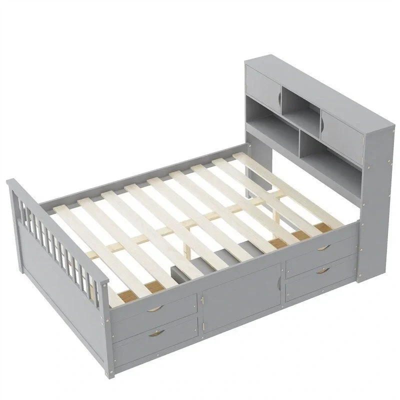 Twin/Full Size Captain Platform Bed with 4 Drawers and Storage Shelves, Solid Wood Bed Frame with Storage Bookcase Headboard
