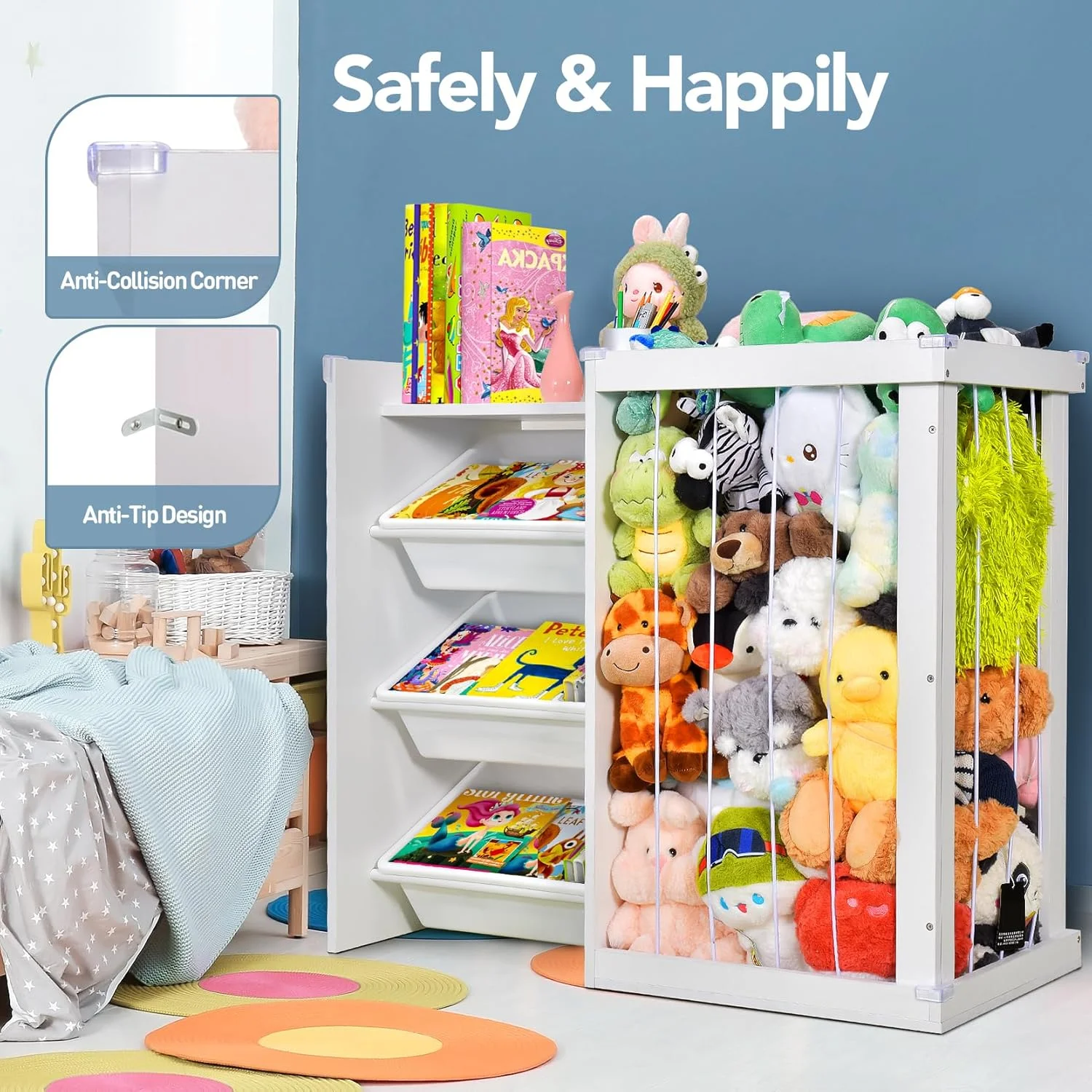 3-in-1 Kids Bookshelf and Stuffed Animal Storage with Corner Protectors , Can Fix it to The Wall, Durable Wood & Metal Storage for Bedroom & Playroom