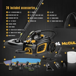 McCulloch MC1375 Canister Steam Cleaner with 20 Accessories, Extra Long Power Cord, Chemical Free Cleaning for Most Floors, Counters, Appliances, Windows, Autos, and More, 1 (Pack), Black