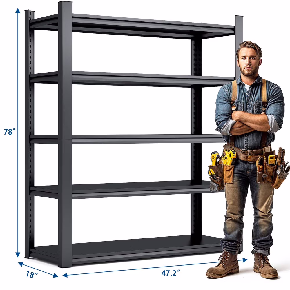 Black Heavy-Duty 5-Tier Metal Shelving Unit, 63"H with 2000LBS Capacity for Garage, Kitchen Storage -C Adjustable, Industrial Design