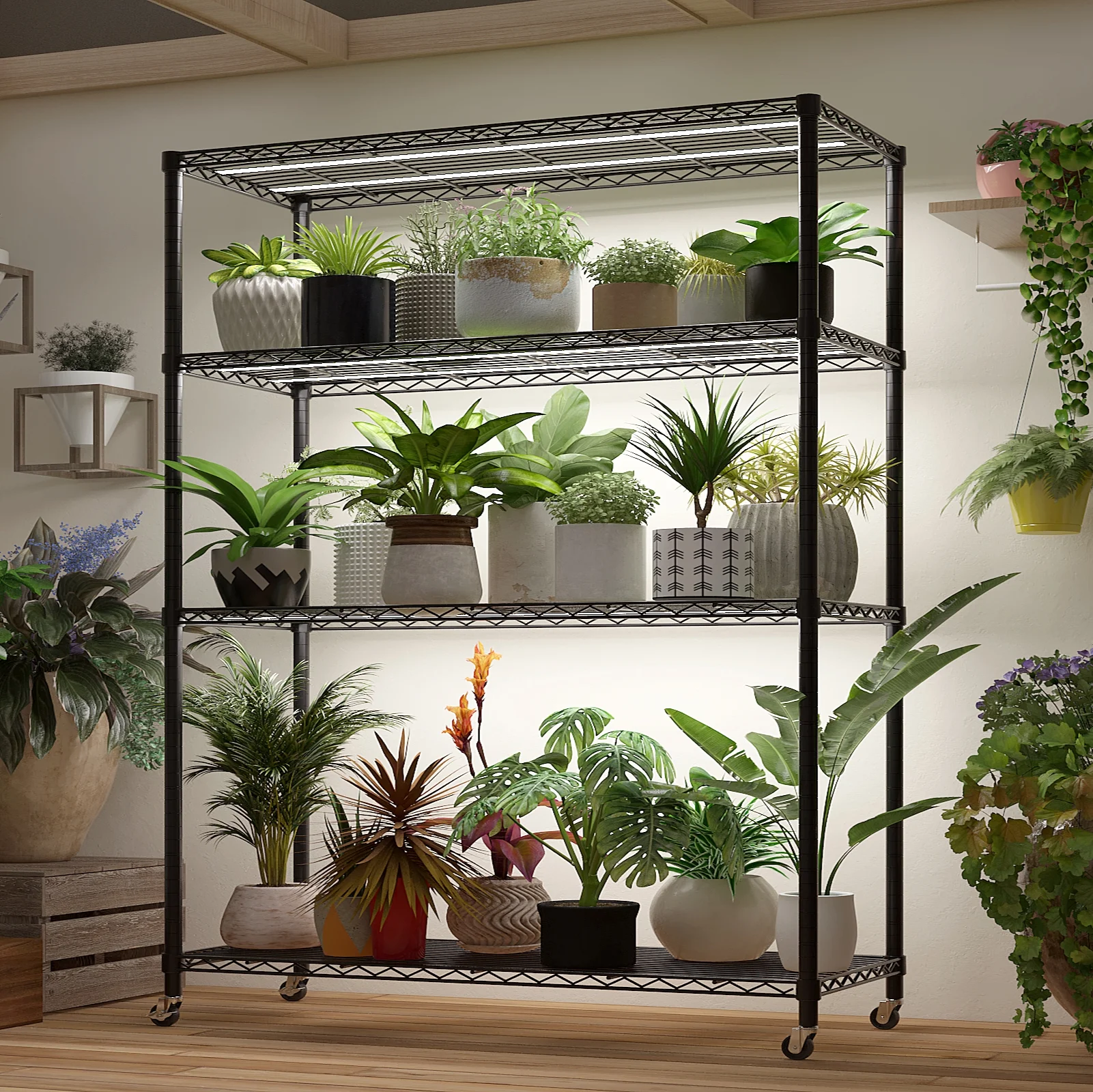 Ktaxon 4 Tier Wire Shelving with Wheels, 46"W x 17.7"D x 65"H Multifunctional Storage Rack Metal Garage Shelves Organizer, Capacity for 800lbs, Black