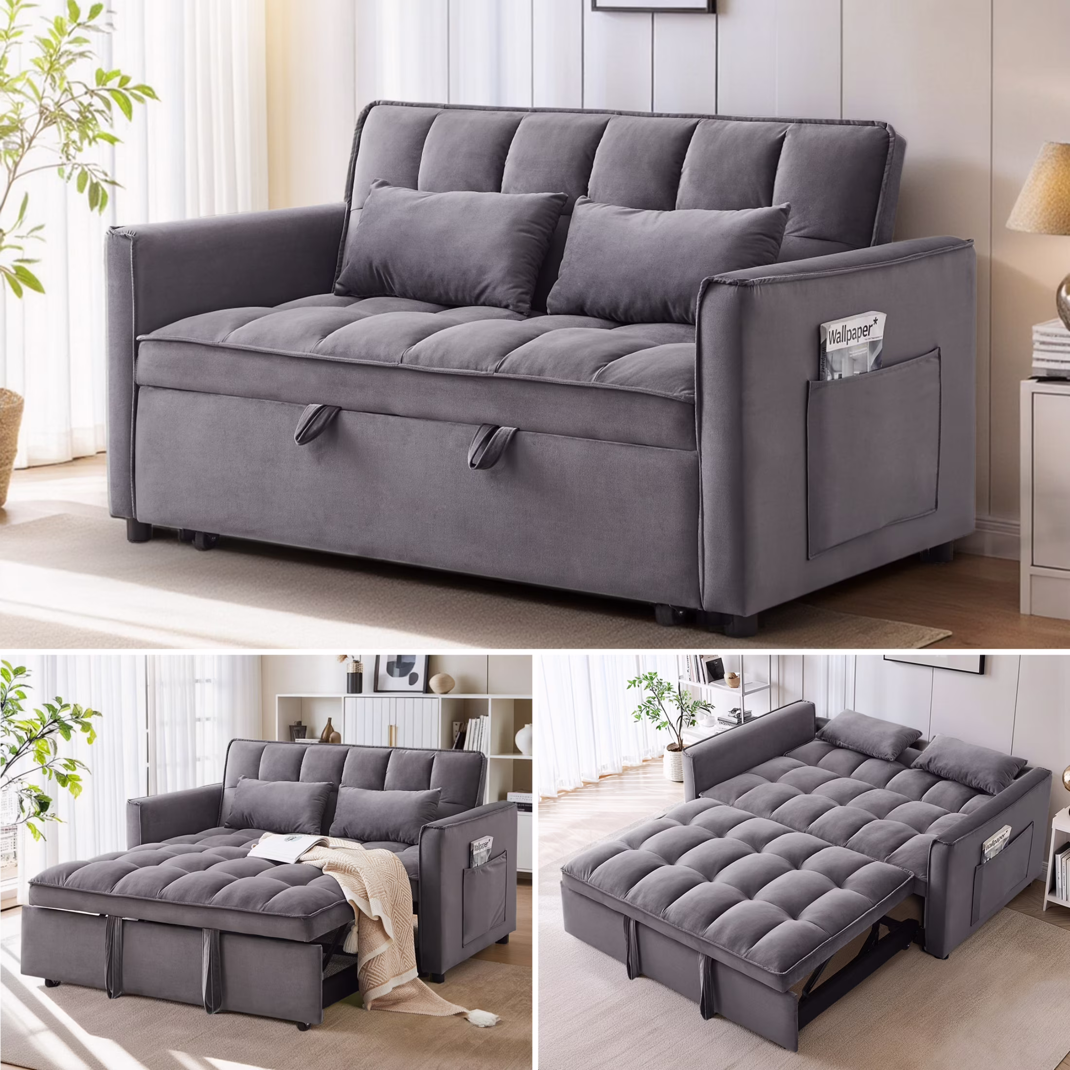 EPOWP Convertible Sofa Bed, 3 in 1 Pull Out Sleeper Loveseat Couch with Storage, Black