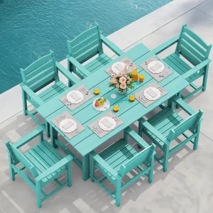 SERWALL 7-Piece Patio Table Set, Outdoor HDPE Dining Furniture with Umbrella Hole, All Weather Table and Chairs for Lawn, Garden, Poolside, Aruba