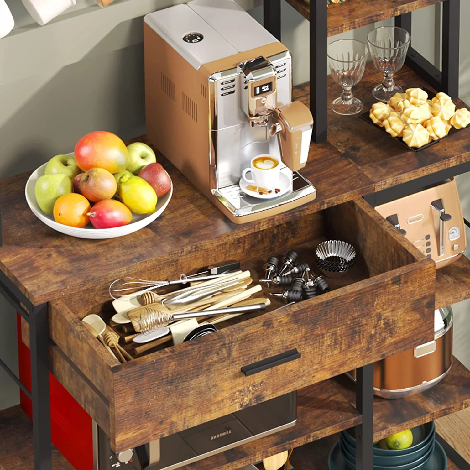 Tribesigns Baker's Rack with Drawer, 70.9 inch Kitchen Storage Shelf with 10 Hooks, Rustic Brown