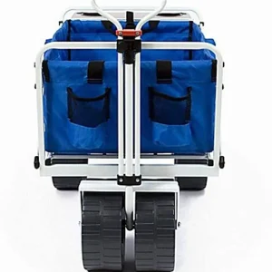 All Terrain Beach Wagon with Side Table|Heavy Duty Collapsible Folding Cart with Large Wheels for Beach Day, Picnic, Camping, Outdoor Activities | Blue/White