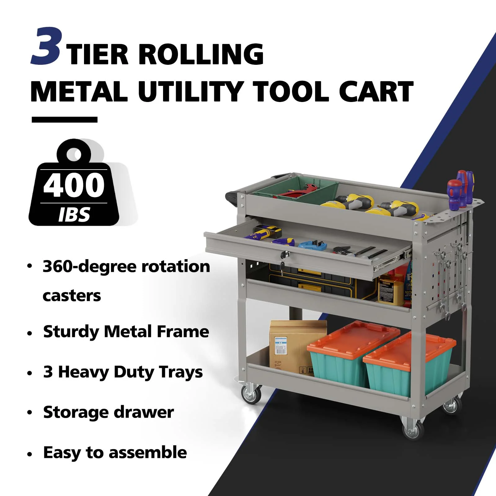 Odaof 4-Wheel Big Rolling Tool Storage Cart with Ball-Bearing Slides for Garage and Warehouse (Orange)