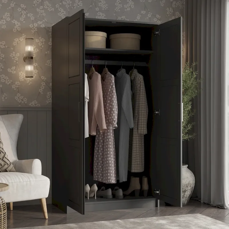 Palace Imports 100% Solid Wood 2-Door Urban Wardrobe Armoire with Solid and Mirrored Doors