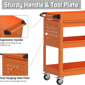 Odaof 4-Wheel Big Rolling Tool Storage Cart with Ball-Bearing Slides for Garage and Warehouse (Orange)