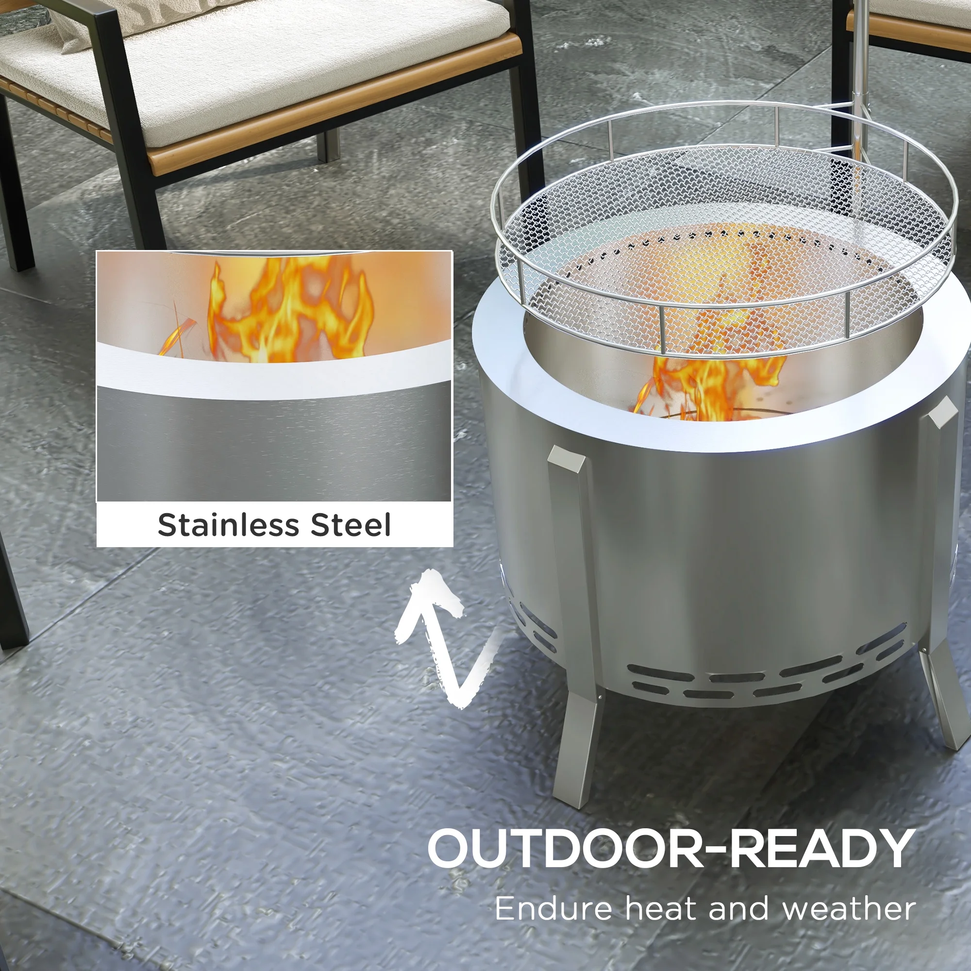 BBQ Utensils Outsunny 2-in-1 Smokeless Fire Pit, BBQ Grill, 19" Portable Wood Burning Firepit with Cooking Grate and Poker, Low Smoke Camping Bonfire Stove for Backyard Patio Picnic, Stainless Steel,