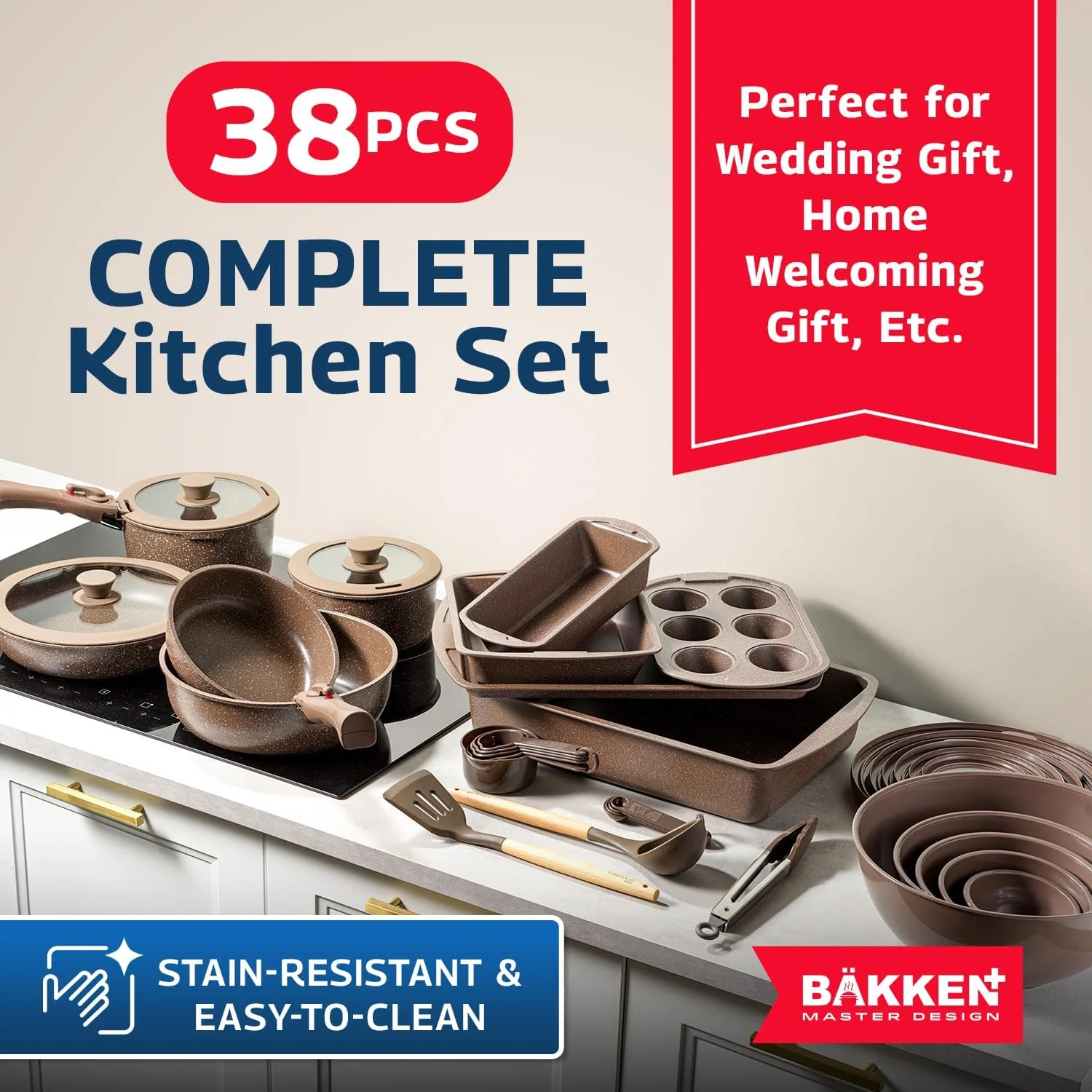 Bakken Master 38 Piece Granite Cookware and Bakeware Set -C Nonstick Granite Coating, Pots and Pans with Detachable Handles and Tempered Glass Lids, 6-piece Bakeware set, 12-piece Mixing Bowls,Brown
