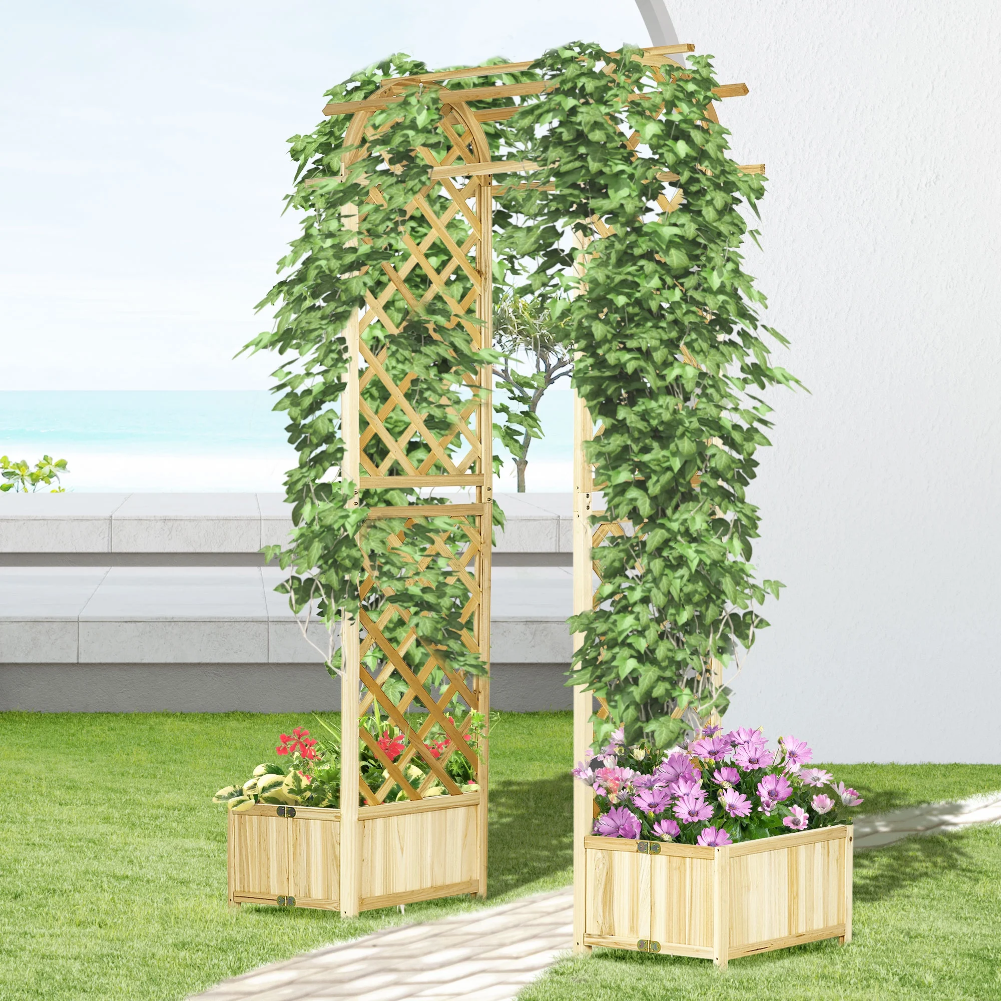 Outsunny Galvanized Raised Garden Bed,24" X 24" X 11.75" Outdoor Planter Box with Trellis Tomato Cage and Open Bottom for Climbing Vines,Vegetables,Flowers In Backyard,Garden,Patio,Cream,White Steel