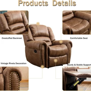 CANMOV Leather Recliner Chair, Classic and Traditional Manual Recliner Chair with Comfortable Arms and Back Single Sofa for Living Room, Nut Brown