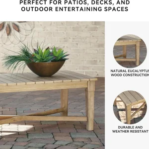 Signature Design by Ashley Clare View Coastal Outdoor Patio Eucalyptus Sofa with Cushions, Beige