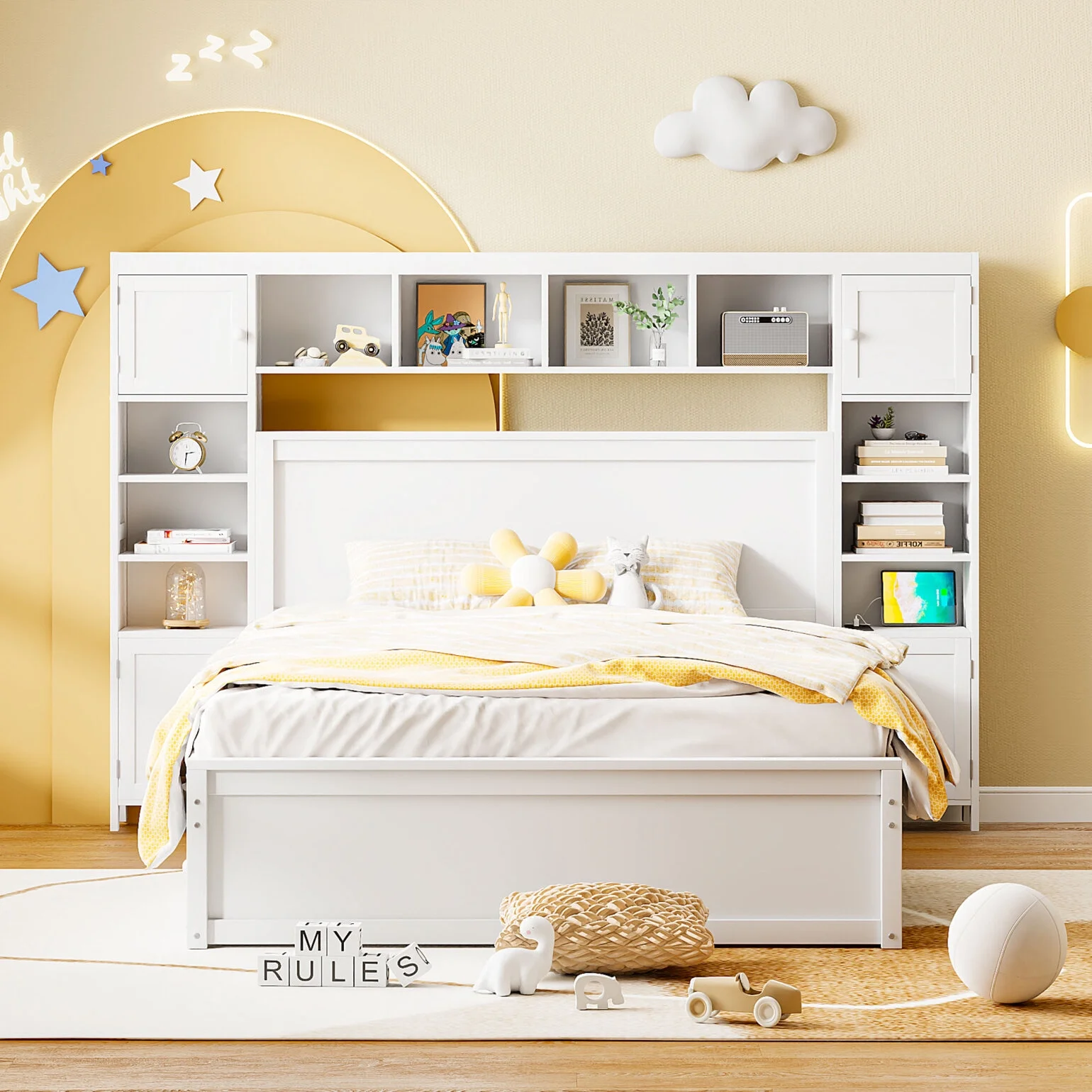 Queen Size Bed Frame with Headboard Storage and Outlet, Modern Solid Wood Storage Bed with 4 Underbed Drawers, Durable and Noiseless,Espresso