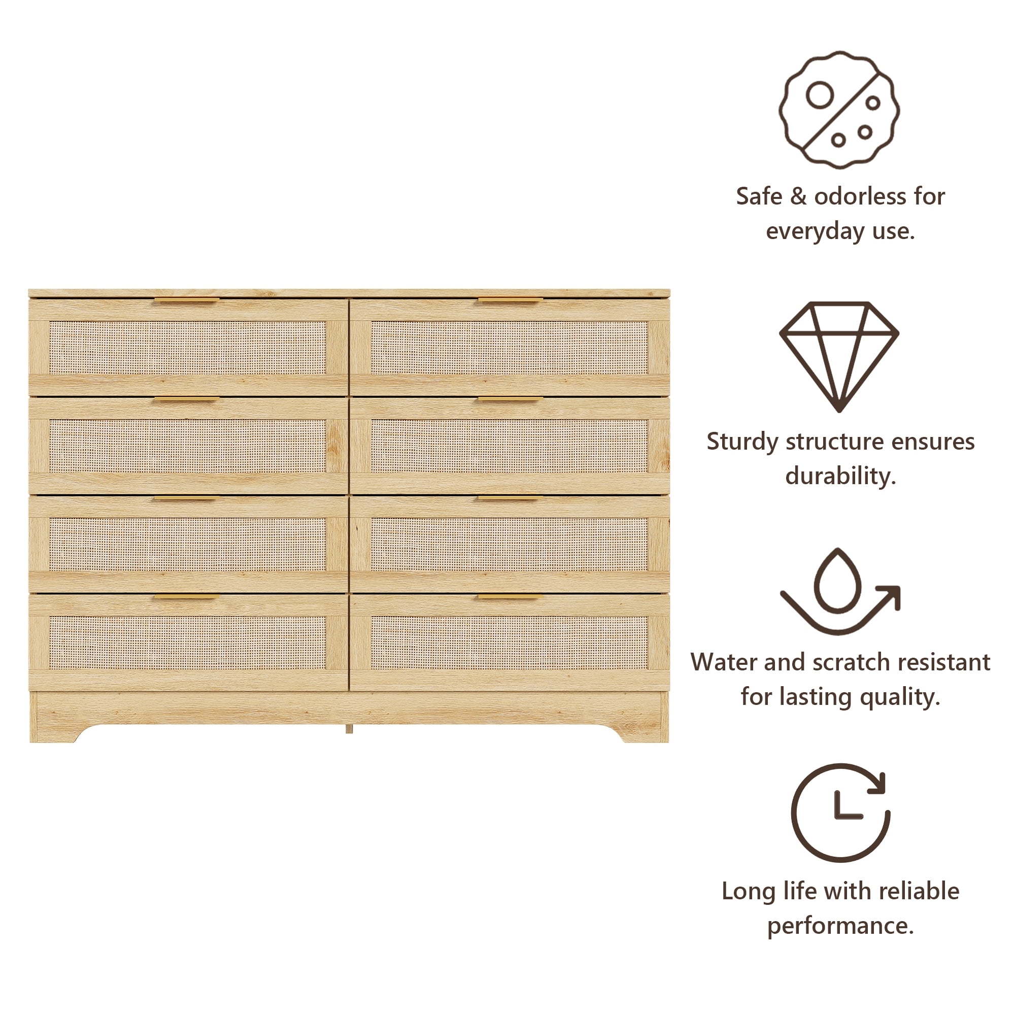 LAZZO 3 Modern Drawer Dresser Rattan, Wooden Dresser Chest of Large Storage Cabinet