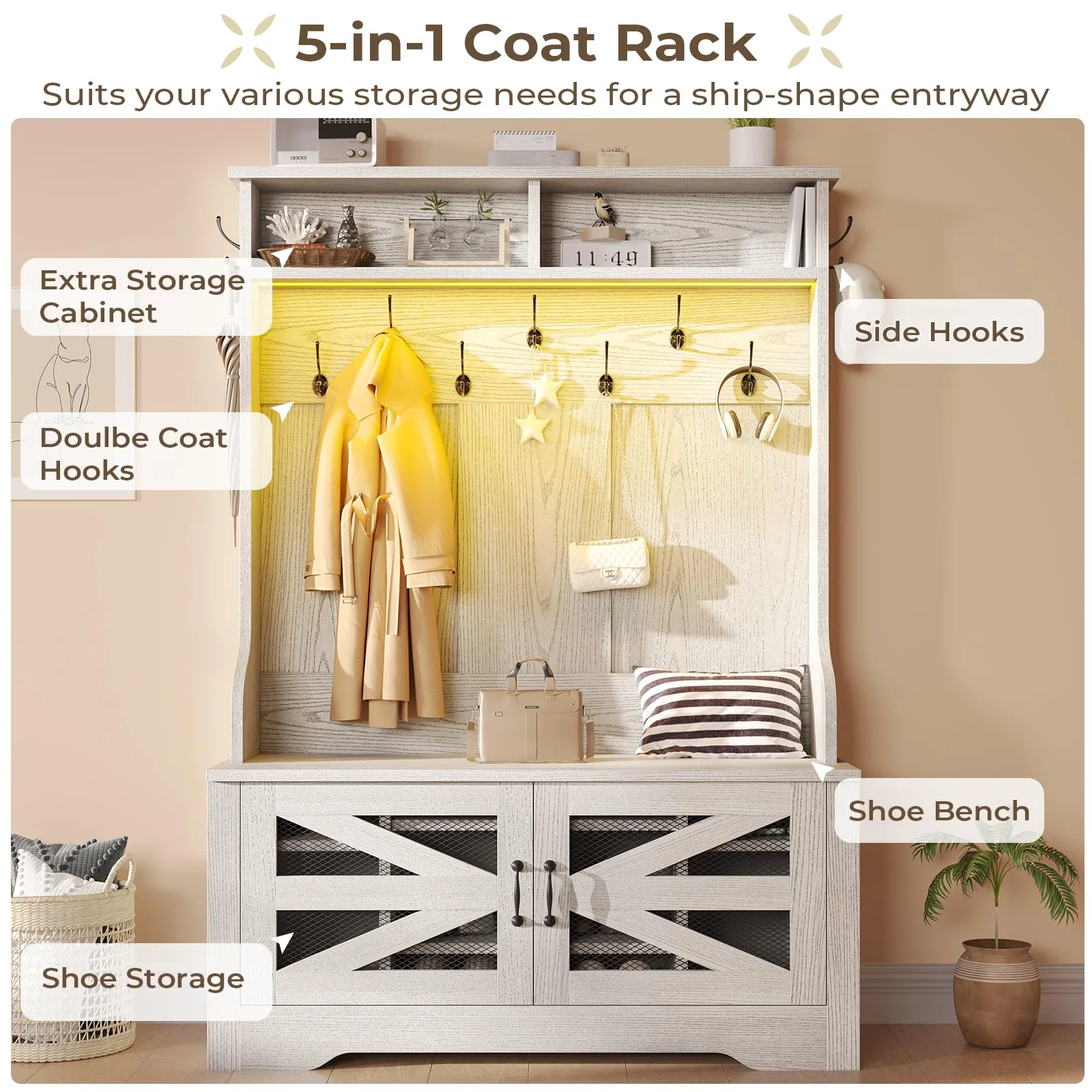 5-in-1 Entryway Bench with Coat Rack, Hall Tree with Bench and Shoe Storage, Rustic Brown