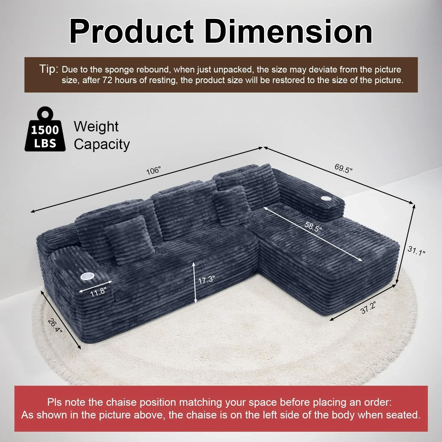 Cloud Sectional Couch with L-Shape Chaise Modern Modular Sofa Deep Seat Built-in Cup Holder