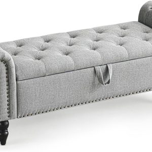 Furniliving Modern Storage Ottoman Bench, Sherpa Ottoman End of Bed Bench with Solid Wood Legs Upholstered Ottoman Benches with Storage Indoor Bench for Living Room with Rolled Arm, Entryway, White