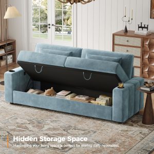 87-Large Loveseat Sofa, 3 Seater Couch with Storage, Velvet Fabric Deep Seat Sofa with Pillow& Cup Holders, Modern Comfy Sofa with USB& Type-C Ports, Home Sofa Couch for Living Room Bedroom