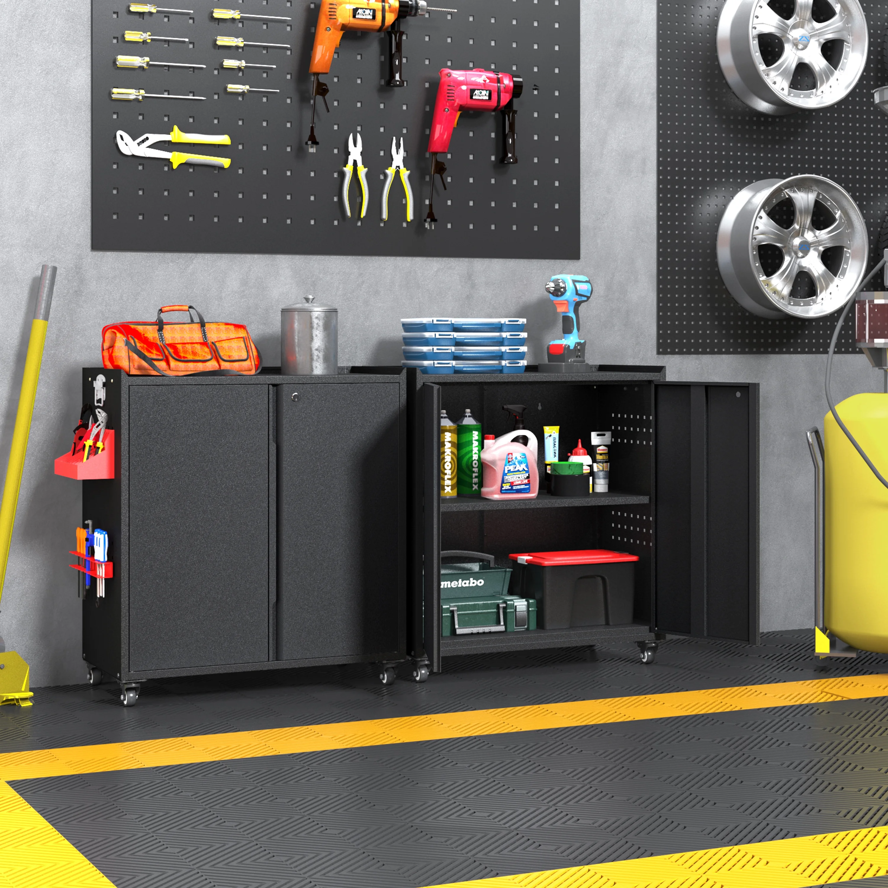 Metal Storage Cabinet with Wheels,Rolling Tool Cabinet with Doors and Adjustable Shelves,Heavy Duty Garage Storage Cabinet,Steel Locking Storage Cabinet for Garage/Warehouse/Office/School/Home-Black