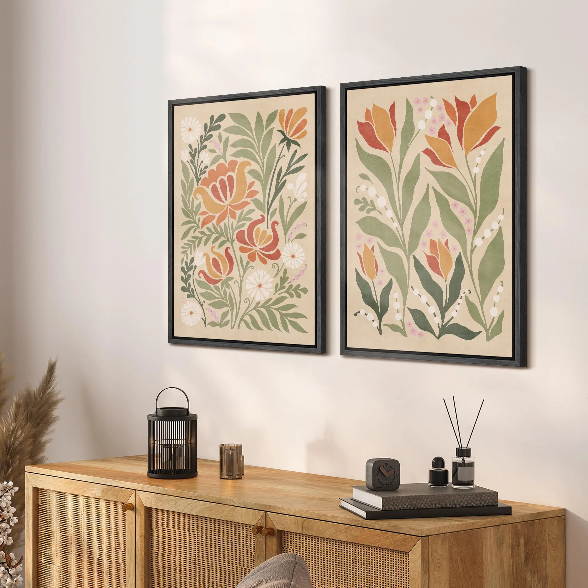 IDEA4WALL Framed Canvas Print Wall Art Set Vintage Floral Classic Botanical Illustration Abstract Garden Flowers Boho Art Modern Wall Decor Colorful Chic Artwork for Home Decor - Natural 24"x36"x2