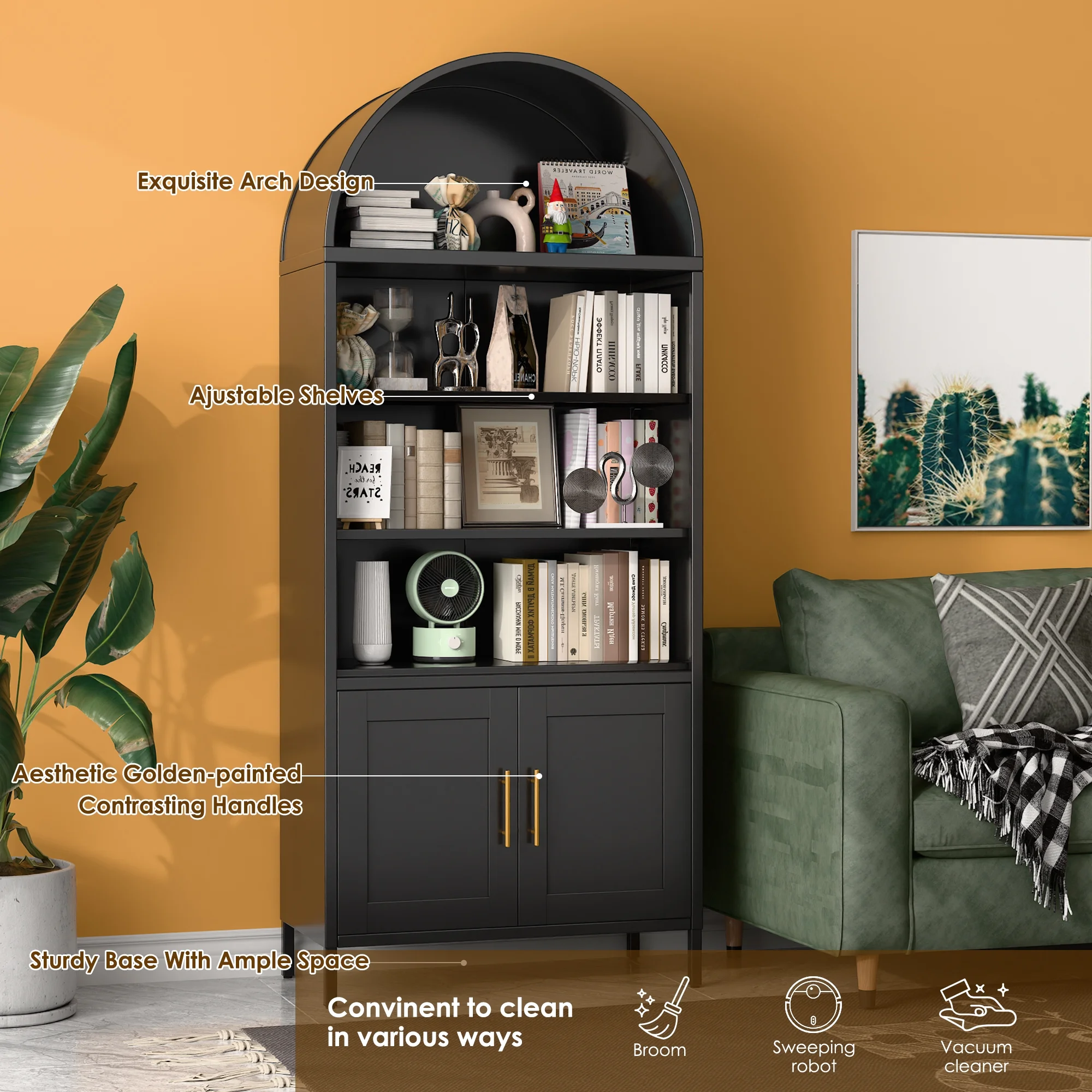 SUXXAN Metal Arched Storage Display Lockable Cabinets with Glass Doors and Adjustable Shelves, Assembly Required, Black