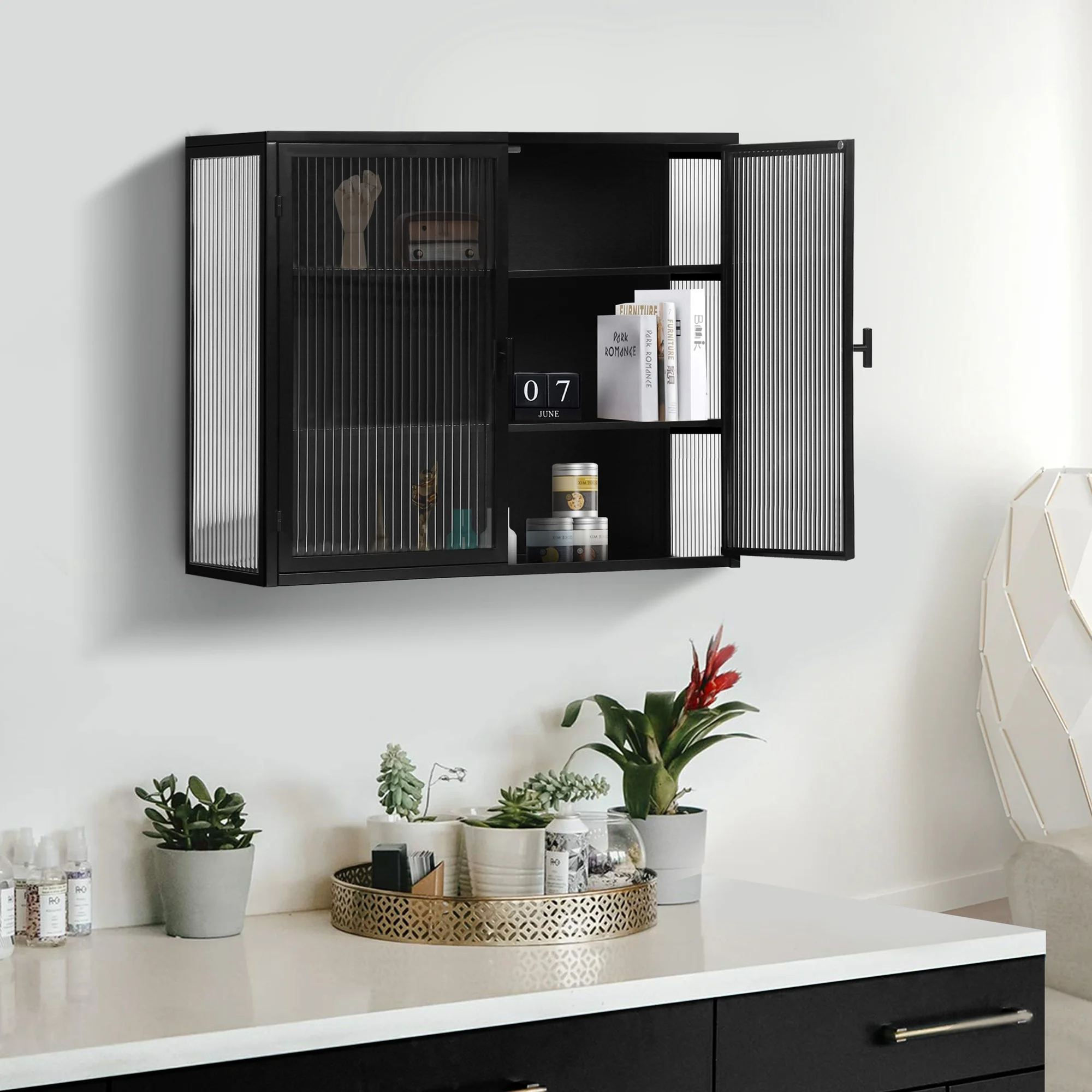 27.56"Modern Wall Cabinet with Glass Doors, Bathroom Cabinet with Featuring Three-tier Storage for Entryway Living Room, Bathroom or Dining Room, Mint Green