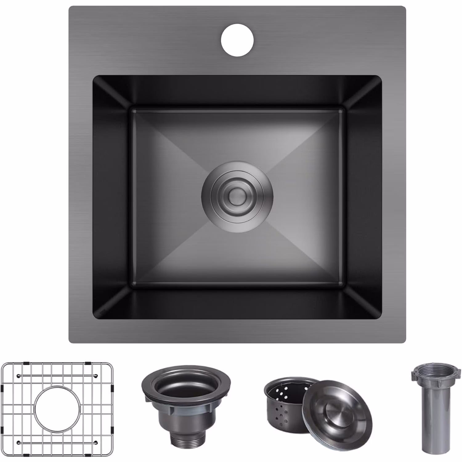 15 x 15 Inch Black Drop In Kitchen Bar Sink, Small Kitchen Sink Single Bowl Topmount Bar Prep Sink 18 Gauge Stainless Steel Bar Sink with Grid and Basket Strainer