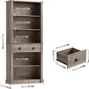 72" Farmhouse Bookshelf and Bookcase with Storage, Tall Bookshelf with Drawers, 5 Tier Book Shelf with Storage, Wood Display Shelves for Home Office, Study, Wash Gray