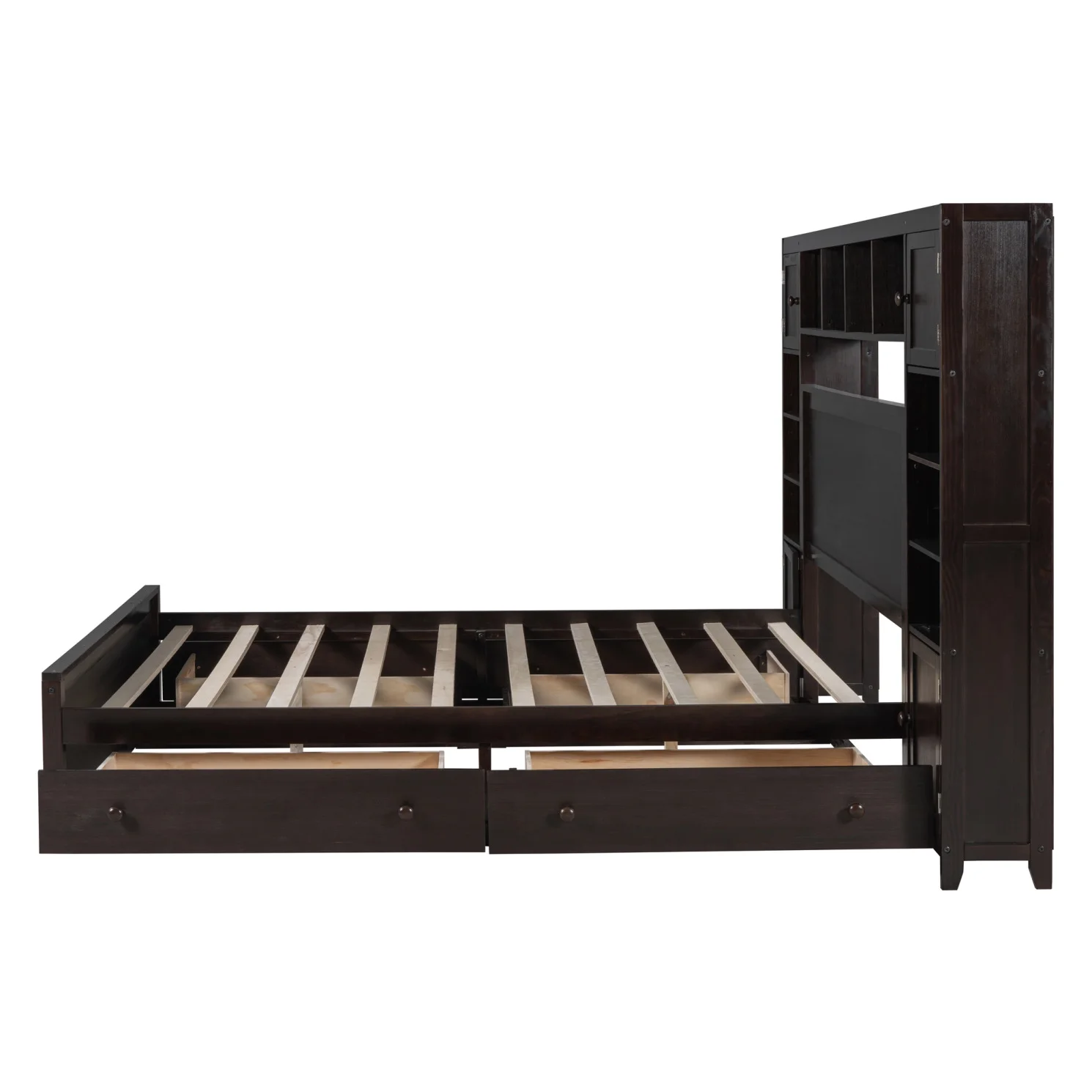 Queen Size Bed Frame with Headboard Storage and Outlet, Modern Solid Wood Storage Bed with 4 Underbed Drawers, Durable and Noiseless,Espresso