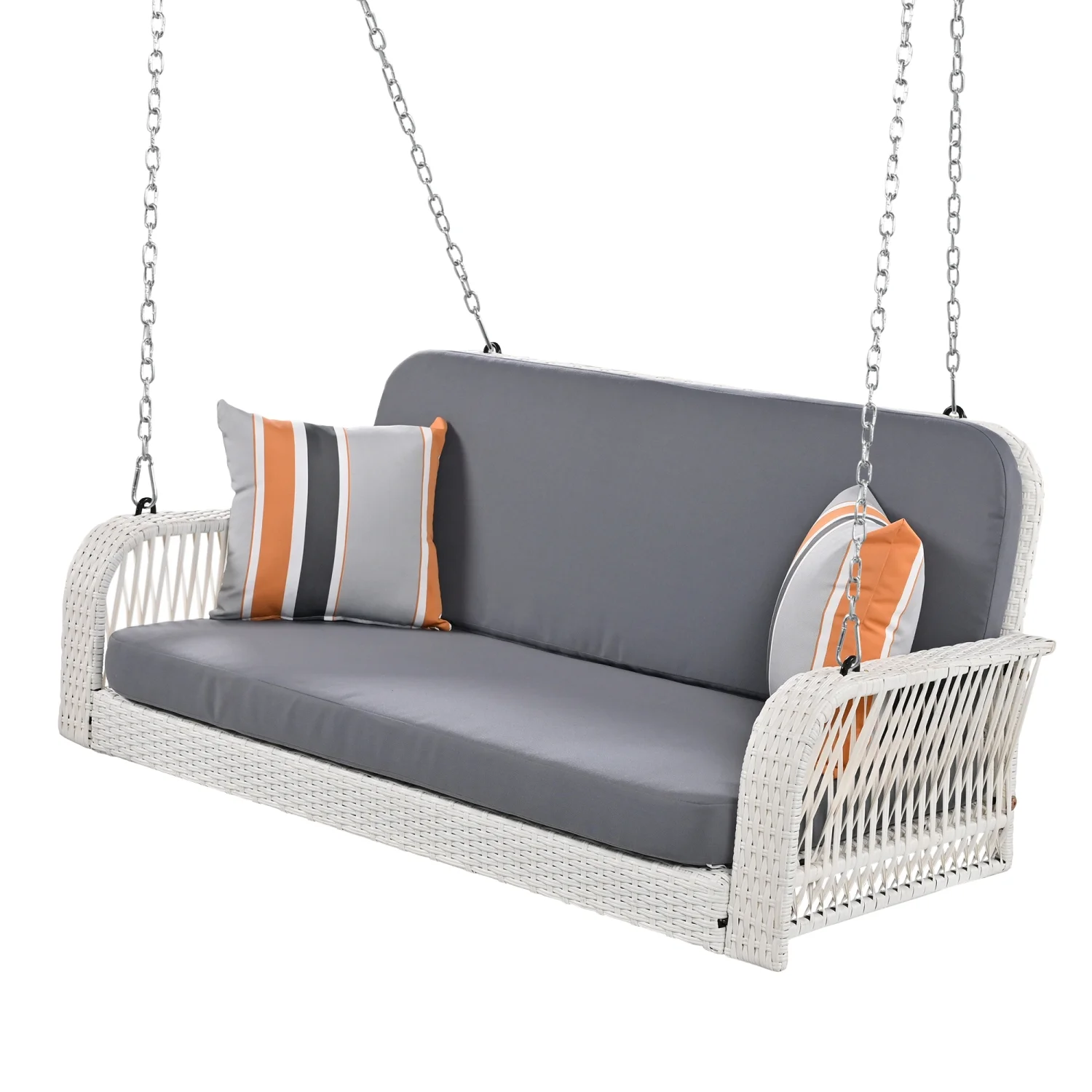 Harper & Bright Designs PE Ratten Porch Swing Chair, 2-Seater Hanging Swing Bench with Chains, All Weather Design Patio Furniture Swing for Backyard Garden Poolside, Grey and White