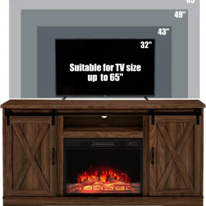 AMERLIFE Fireplace TV Stand with Sliding Barn Door for TVs up to 73", Farmhouse 63" Fireplace Entertainment Center with Storage Cabinets/Adjustable Shelves