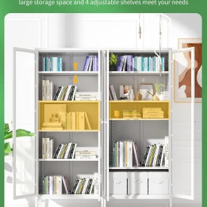 SUNCROWN Metal Storage Cabinet, Curio Display Cabinet with 2 Glass Display Door and 4 Shelves, Side Storage Organize, Modern Bookshelf Cabinet for livingroom, Bedroom, Kitchen, Black