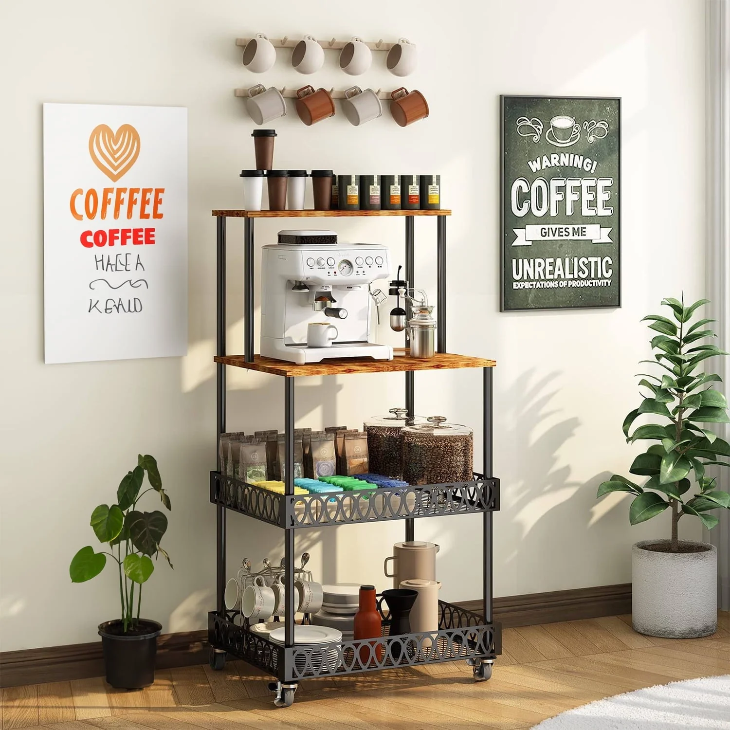 BATE 4-Tier Kitchen Storage Baker's Rack 48 inch Microwave Oven Rack Shelves Kitchen Storage Organizer with Metal Wheels
